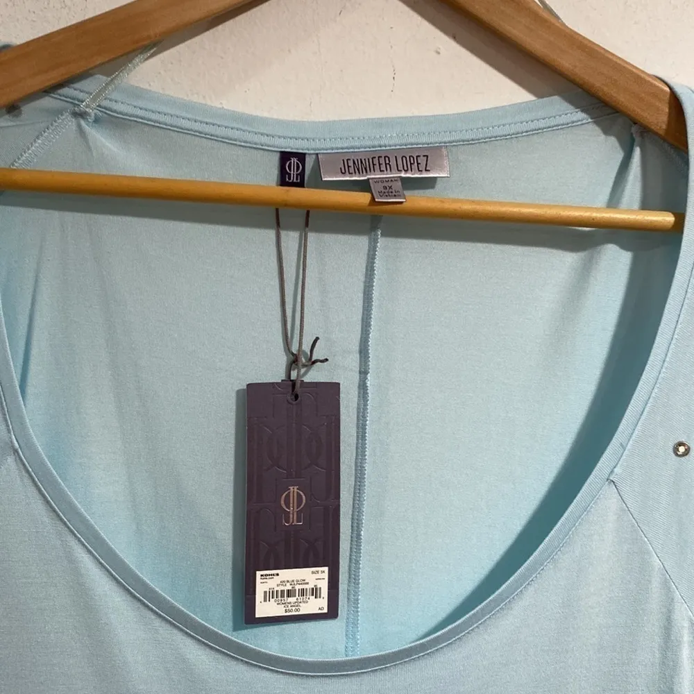 Jennifer Lopez shirt light blue long sleeved 3x Clear beads on sleeves - Image 2