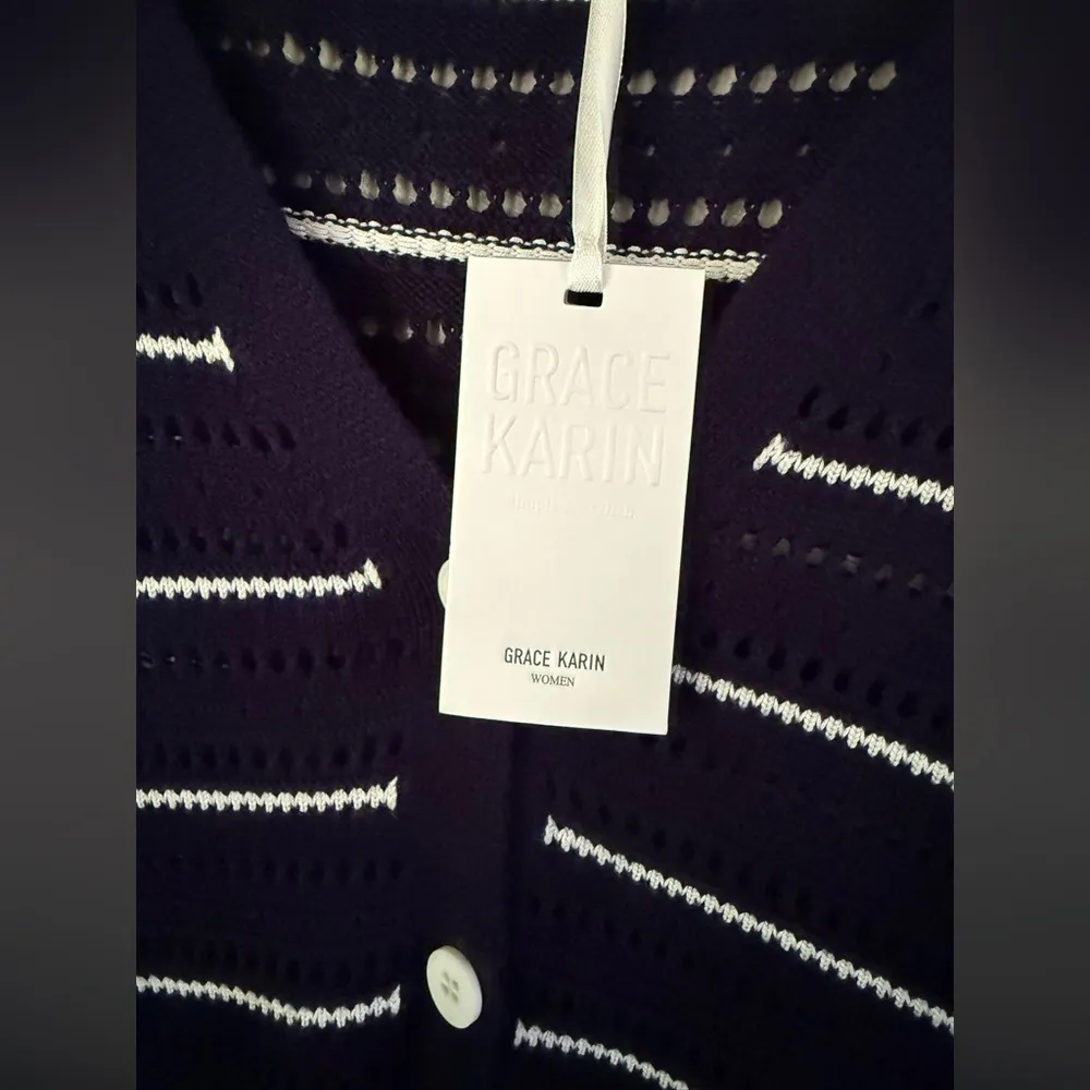 Grace Karin Cardigan Sweater Blue Striped Button V Neck Short Sleeve Nautical - Image 4