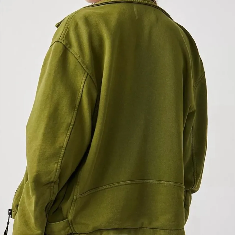 Free People Rebel Oversized Cotton Moto Jacket OLIVE SPARROW - Image 3
