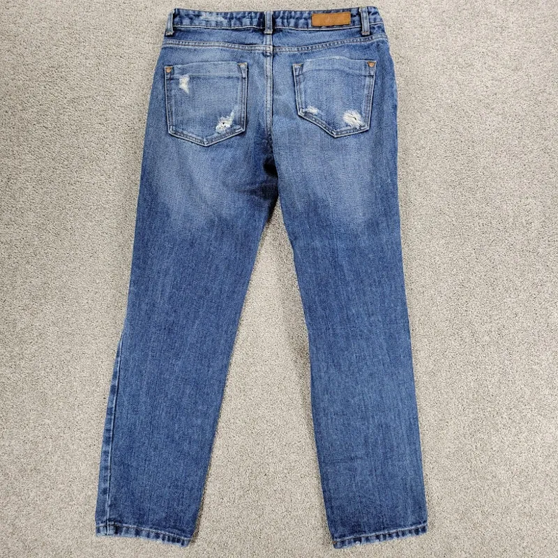 Zara Trafaluc Jeans Womens 4 Blue Mid Wash Distressed Denim Straight Slim - Image 11