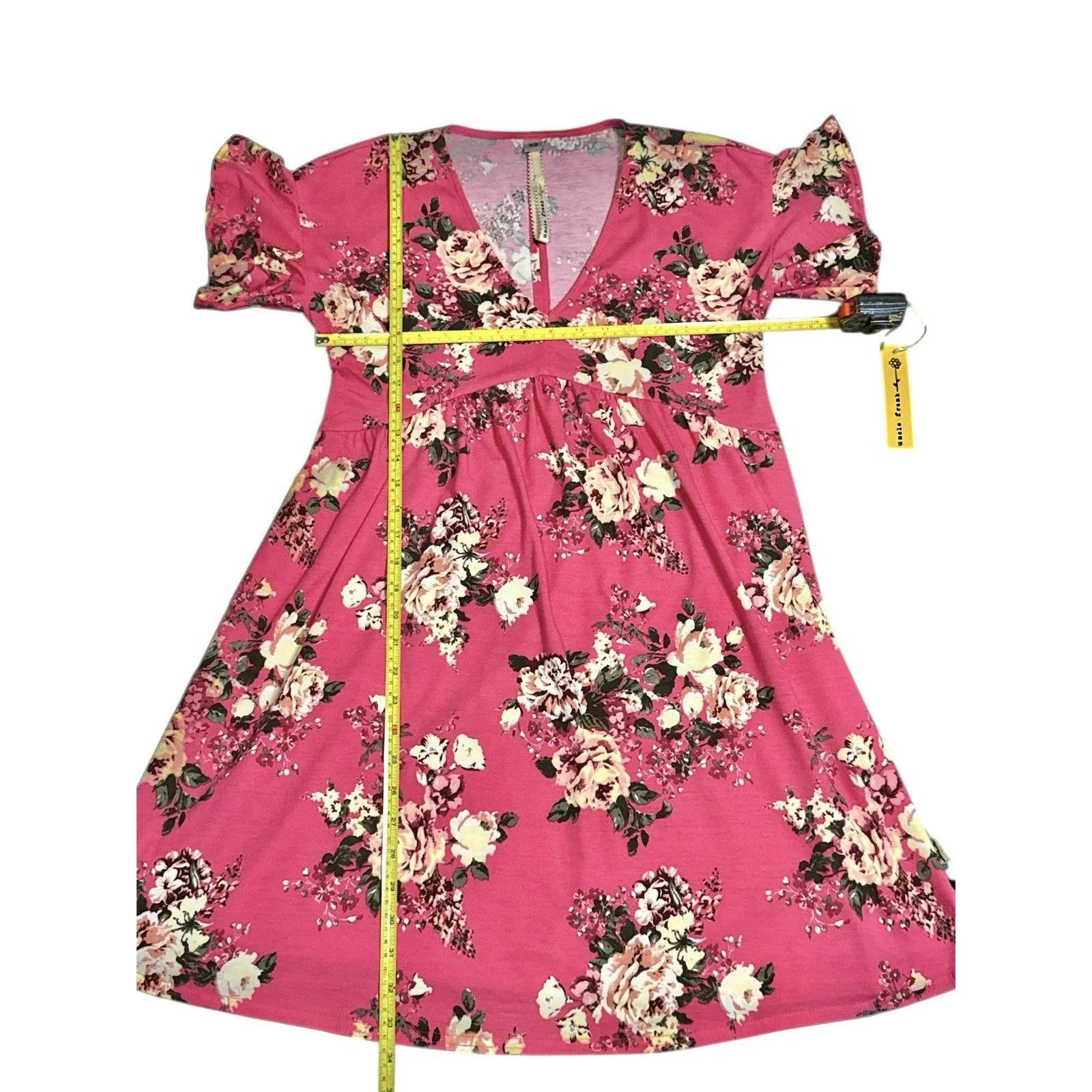 Uncle Frank Anthropology Pink Floral Empire Waist‎ Dress Flutter Sleeve  XS NEW - Image 5
