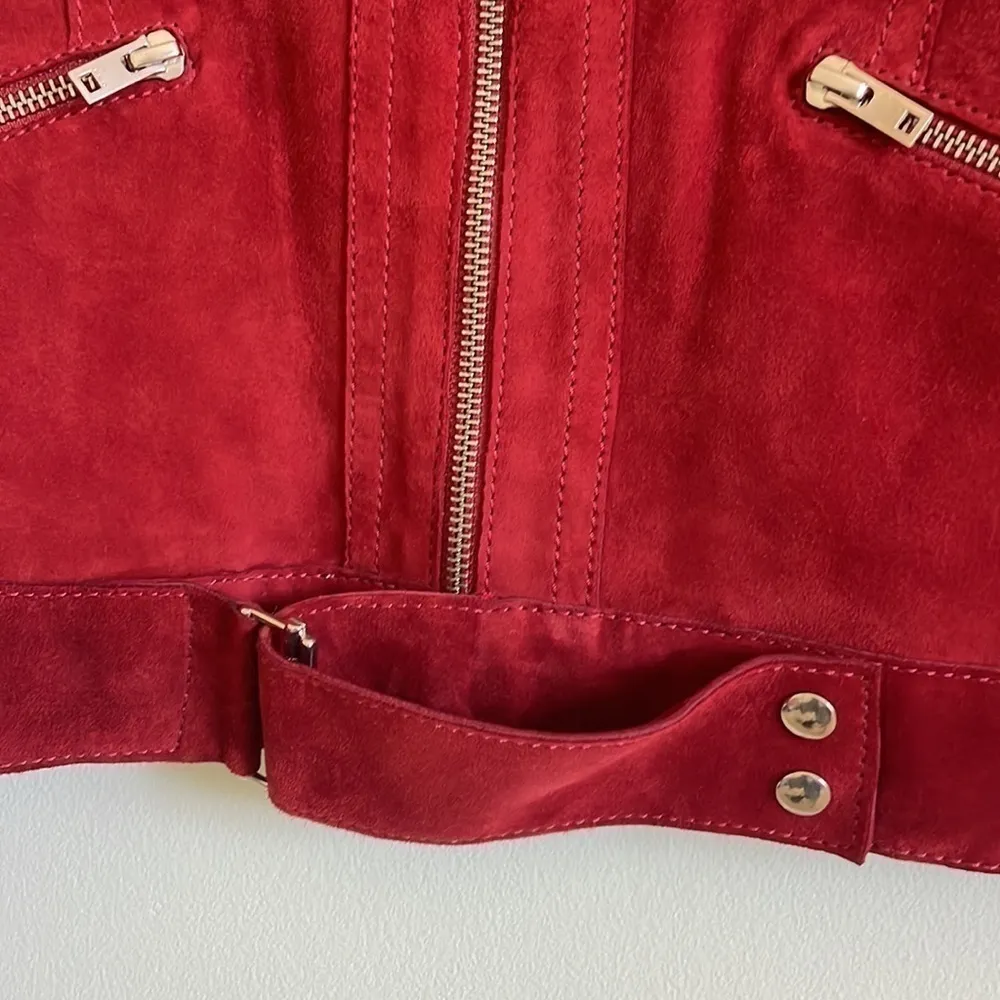 IRO Tatiana Red Suede Leather Jacket Silver Zippers Buckle Belt Fall Size 8 (40) - Image 10
