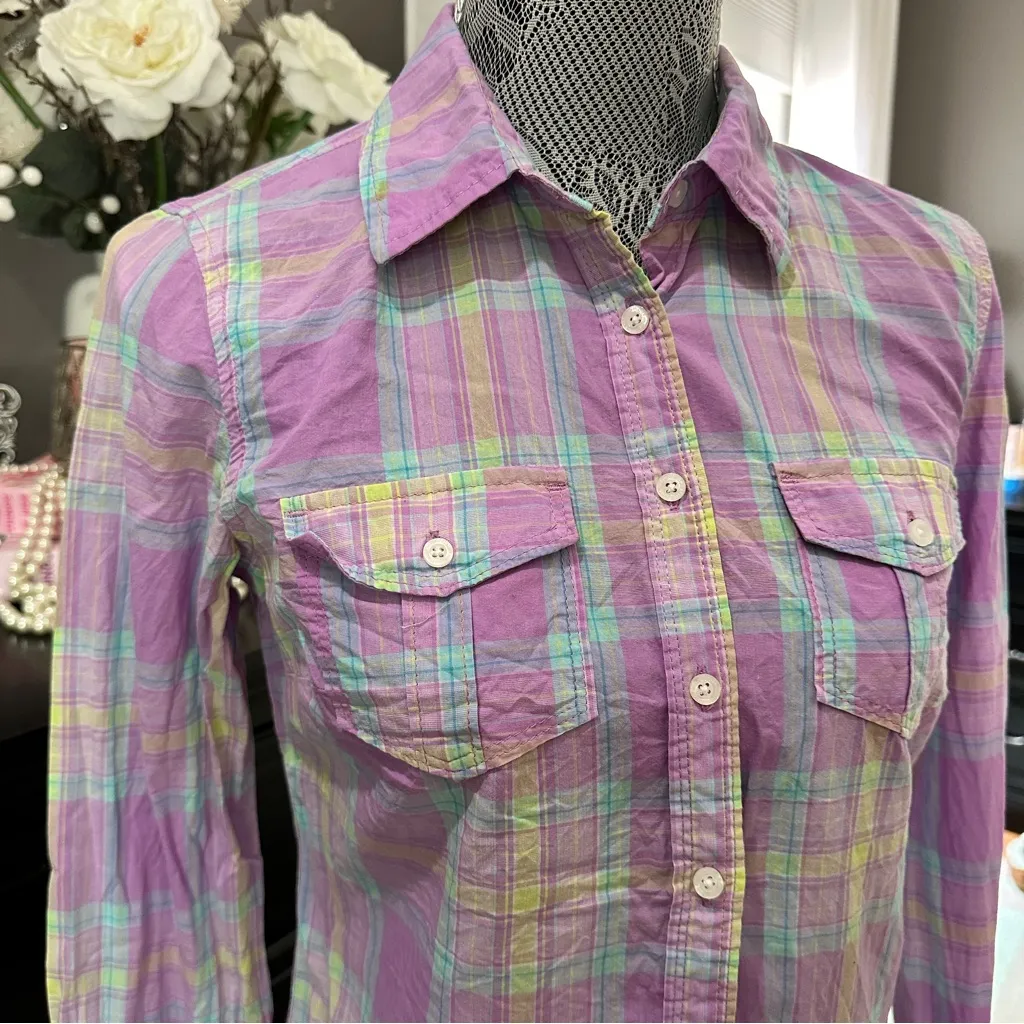 Aeropostale Signature Eighty-Seven Women’s Medium Plaid Button Down Shirt Purple - Image 3
