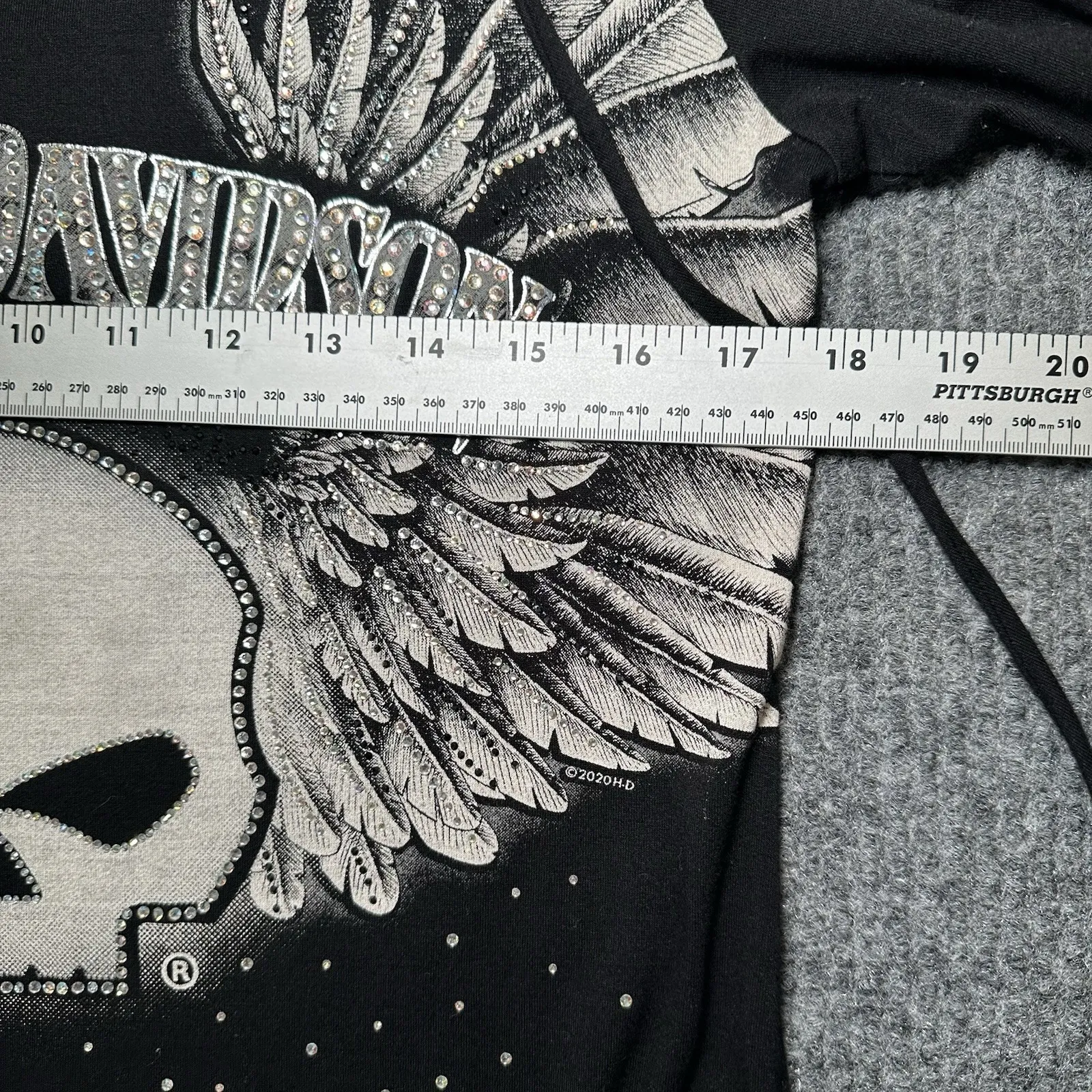 Y2K Harley‎ Davidson black and grey skull shirt with hoodie & Rhinestones Medium - Image 4