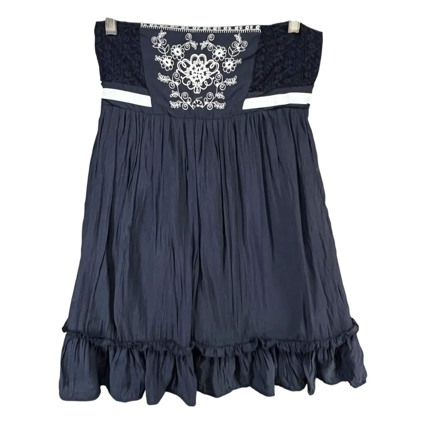 Agaci Mini Dress L Blue Strapless Lace Mesh Embroidered Smocked Y2K Boho Chic - Image 3