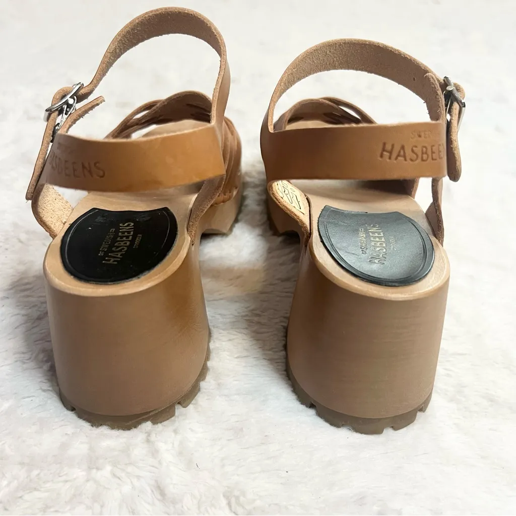 Swedish Hasbeens Rutan Tan Leather & Wood Ankle Strap Lug Sole Sandals Size 7 - Image 8