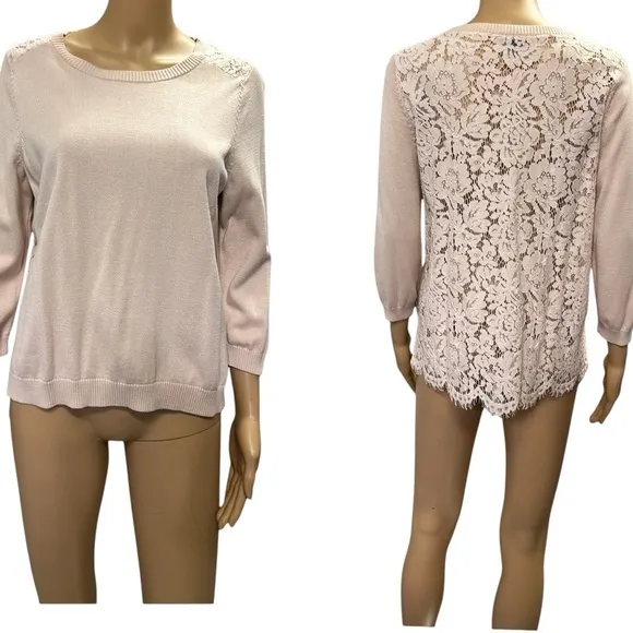 The Limited Lightweight Pink Beige Lace Back 3 Quarter Sleeve Sweater Large - Image 2