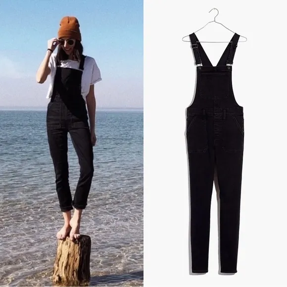 Madewell • Skinny Overalls in Lunar Wash faded black denim stretch side zip - Image 2