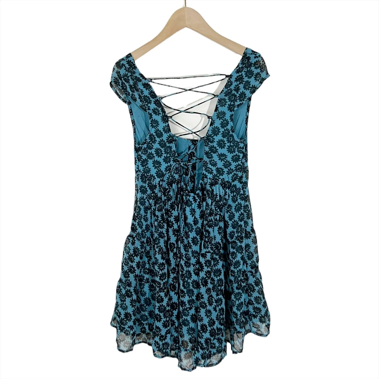 NWT Urban Outfitters Justine Lace Up Dress in Blue Floral Size XS - Image 4