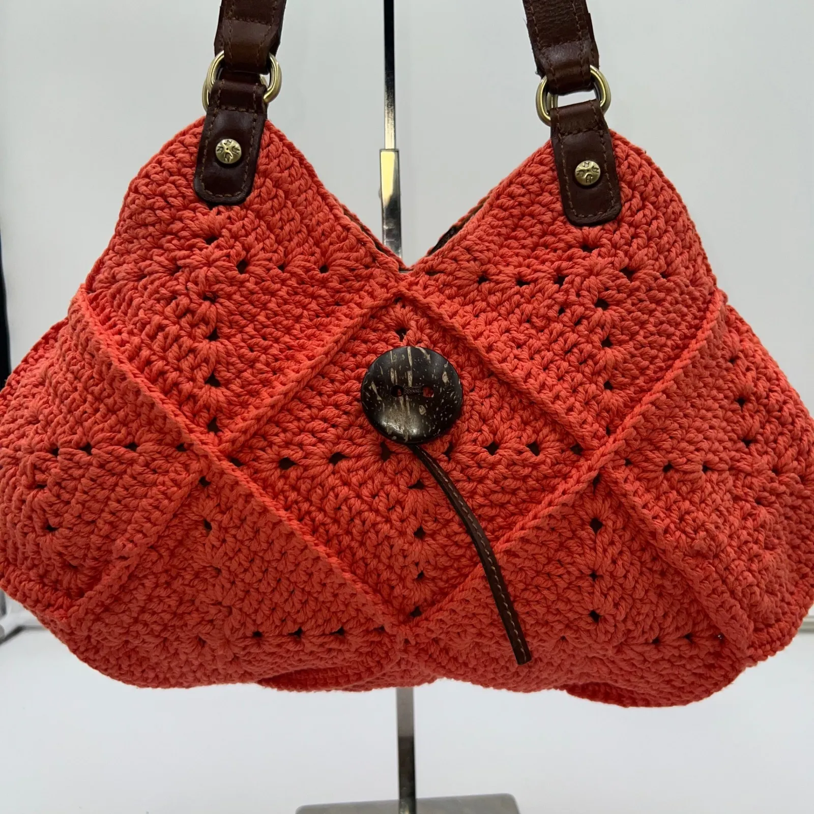 Patricia Nash Apricot Crochet Leather Trim Button Shoulder Bag Purse - Image 2