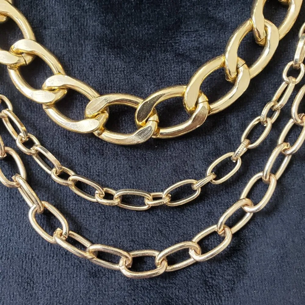 Women Gold Tone Triple Strand Paperclip & Linked Chain Necklace w/ Lobster Clasp - Image 4