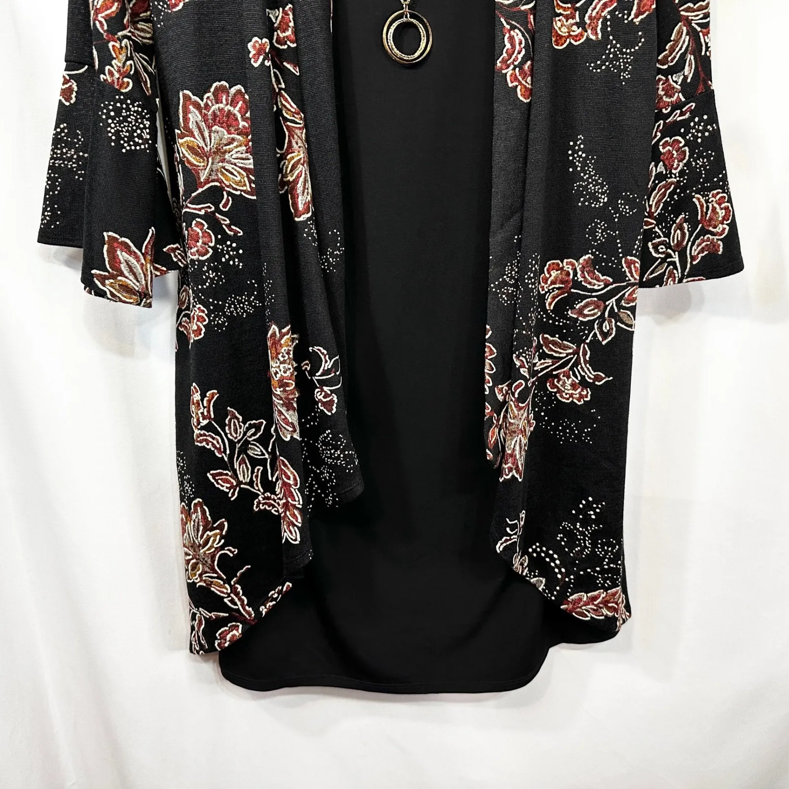 Stella Julie Plus Size 16W Top Boho Floral Shrug Necklace Bell Sleeve Black 1428 - Image 6