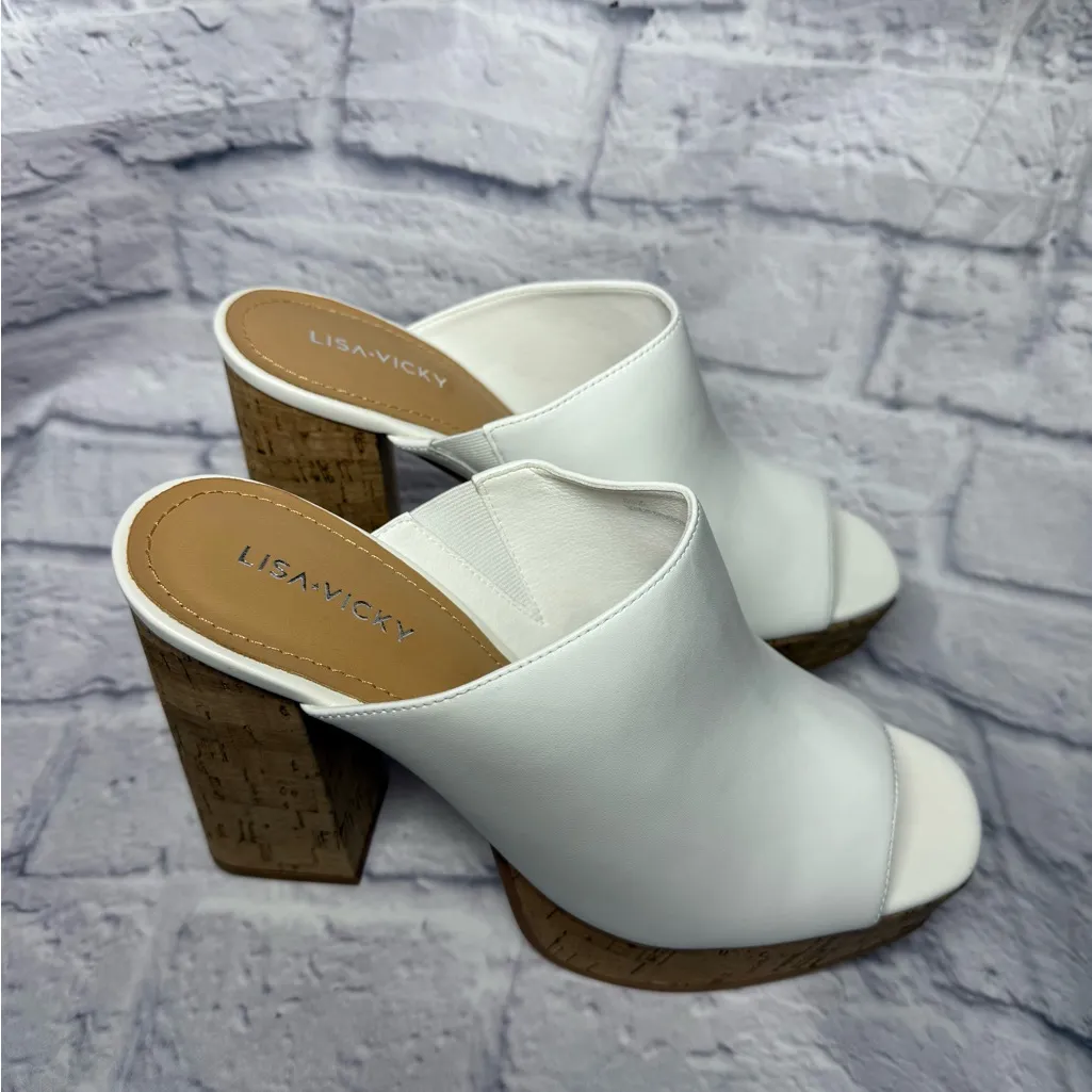 Lisa Vicky Stylish White Platform Mules with Cork Heel Size 8.5 - Image 2