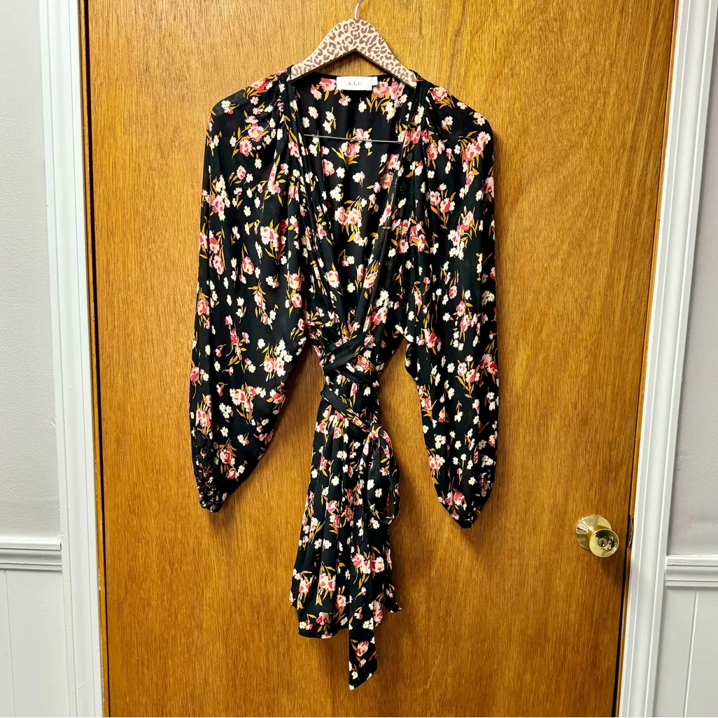A.L.C. Carlo Silk Long Balloon Sleeve Wrap Mini Dress Dark Floral 6 - Image 14