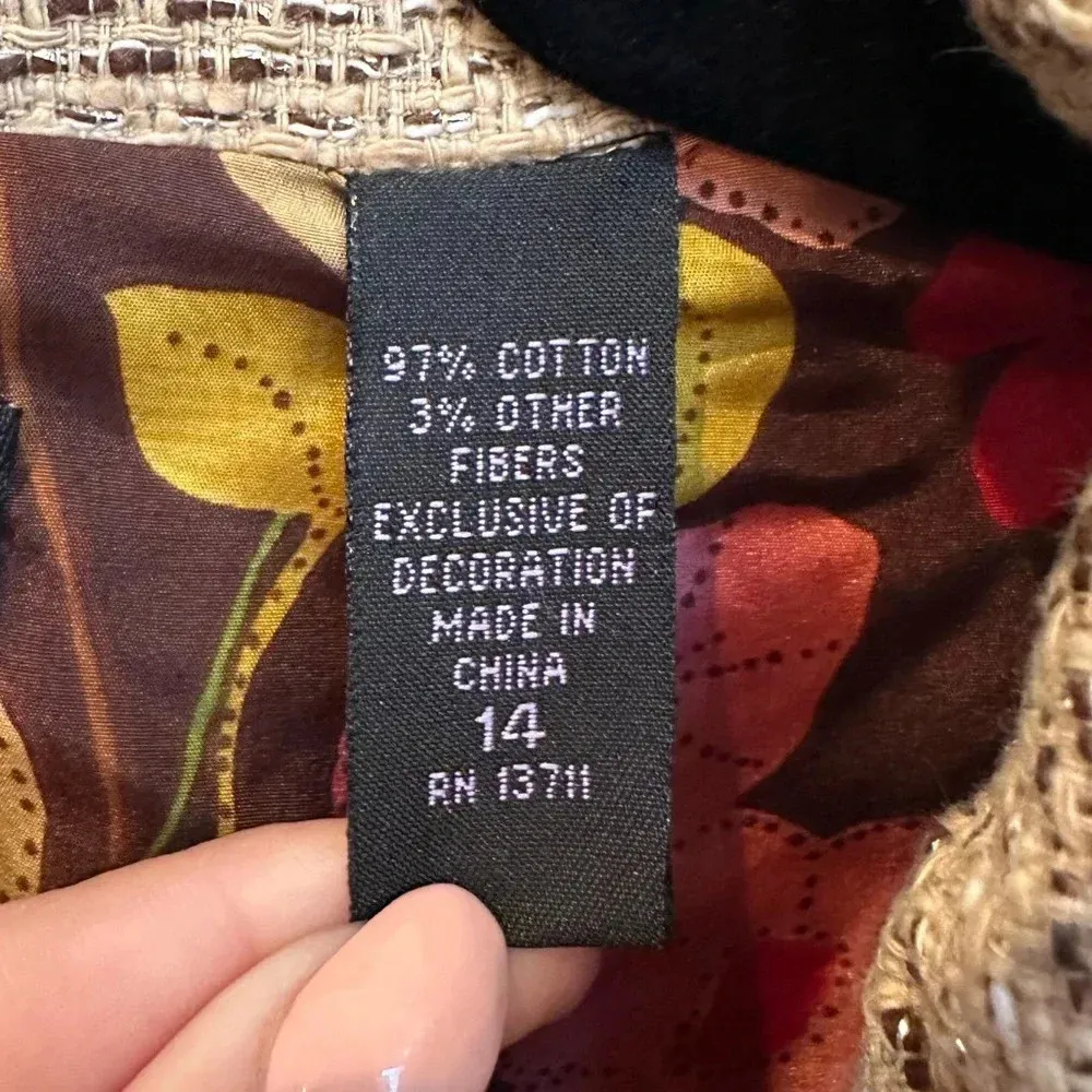 Context Tan Beige Gold Metallic Tweed Blazer Jacket Floral Lining Size 14 - Image 13