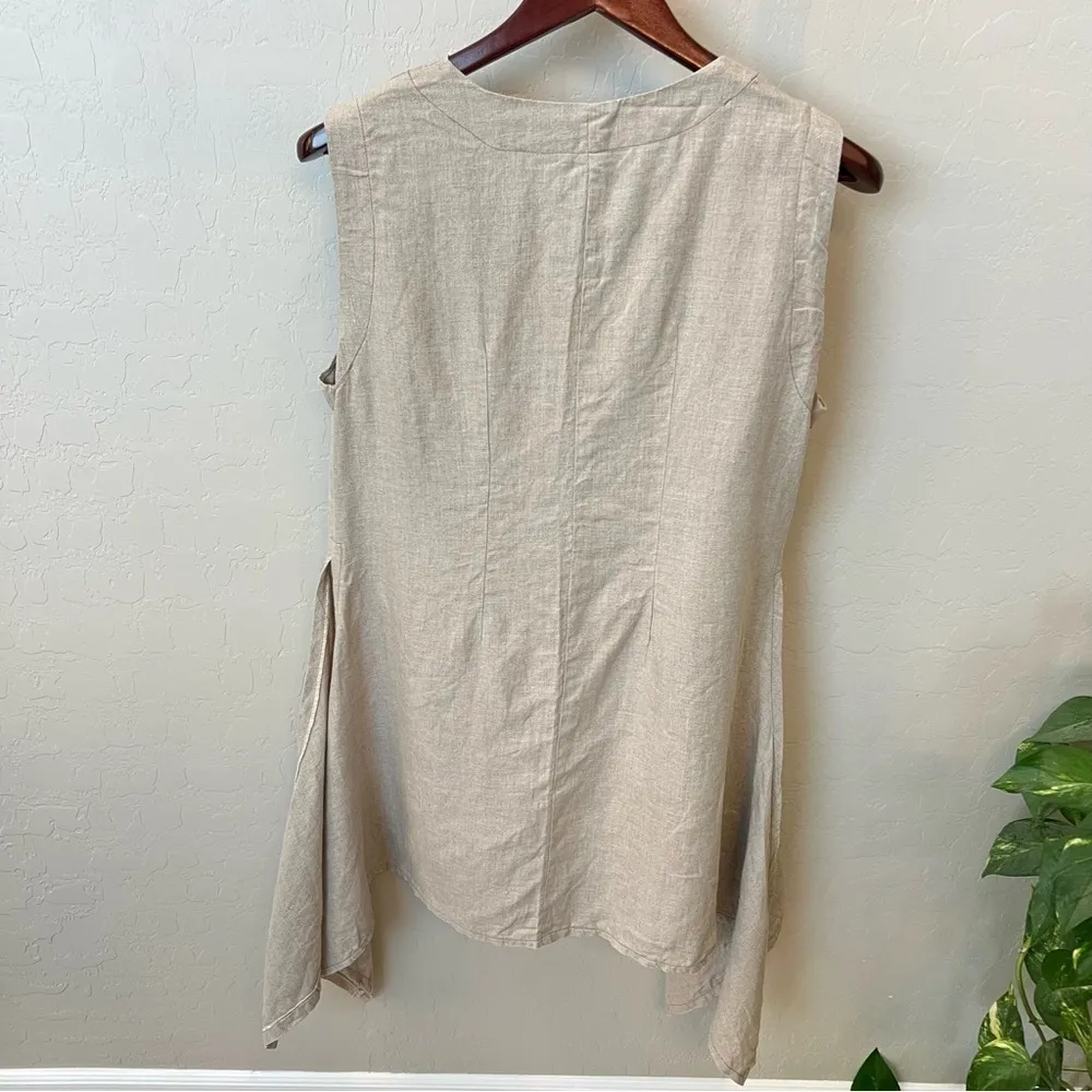 Boutique Linen tunic top Lagenlook asymmetric , pockets, sleeveless, tan, sz M - Image 3