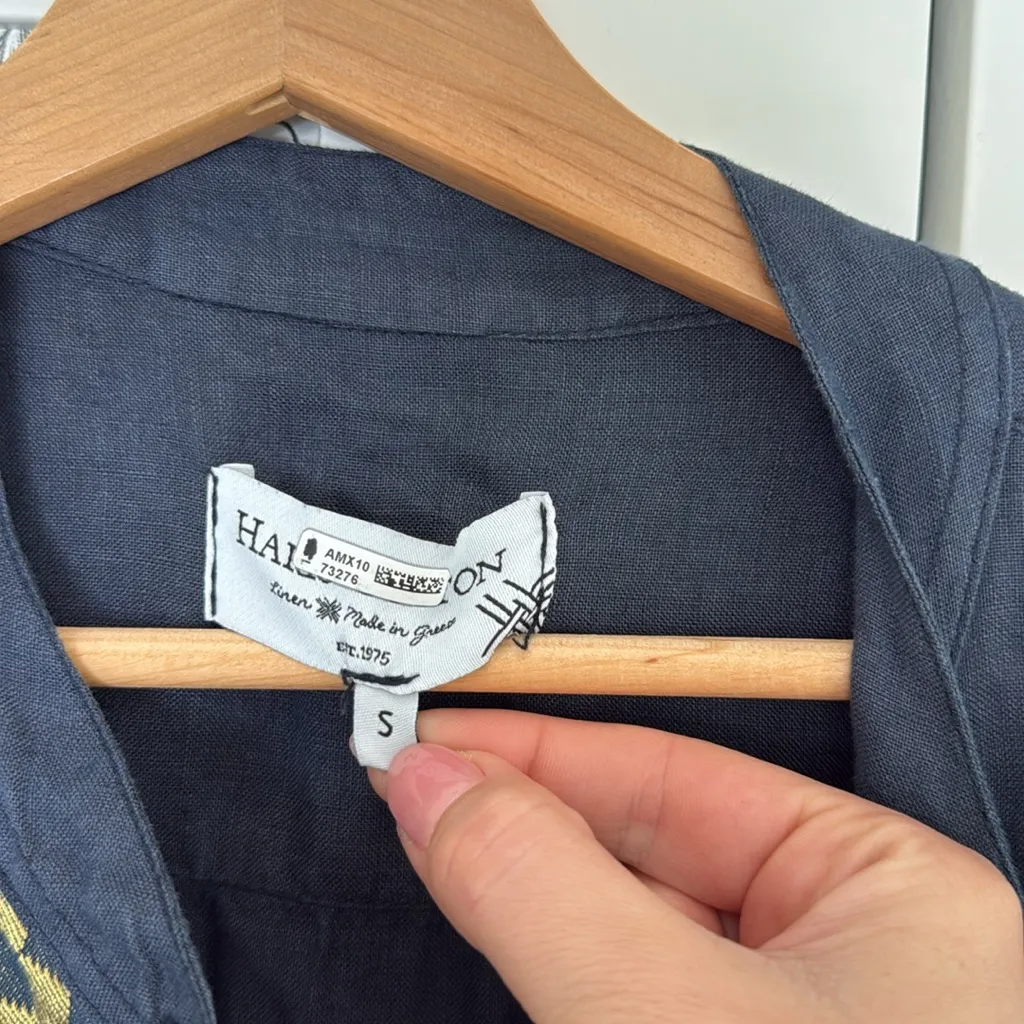 Haris Cotton 100% linen bell sleeve metallic detail midi dress Blue - Image 4