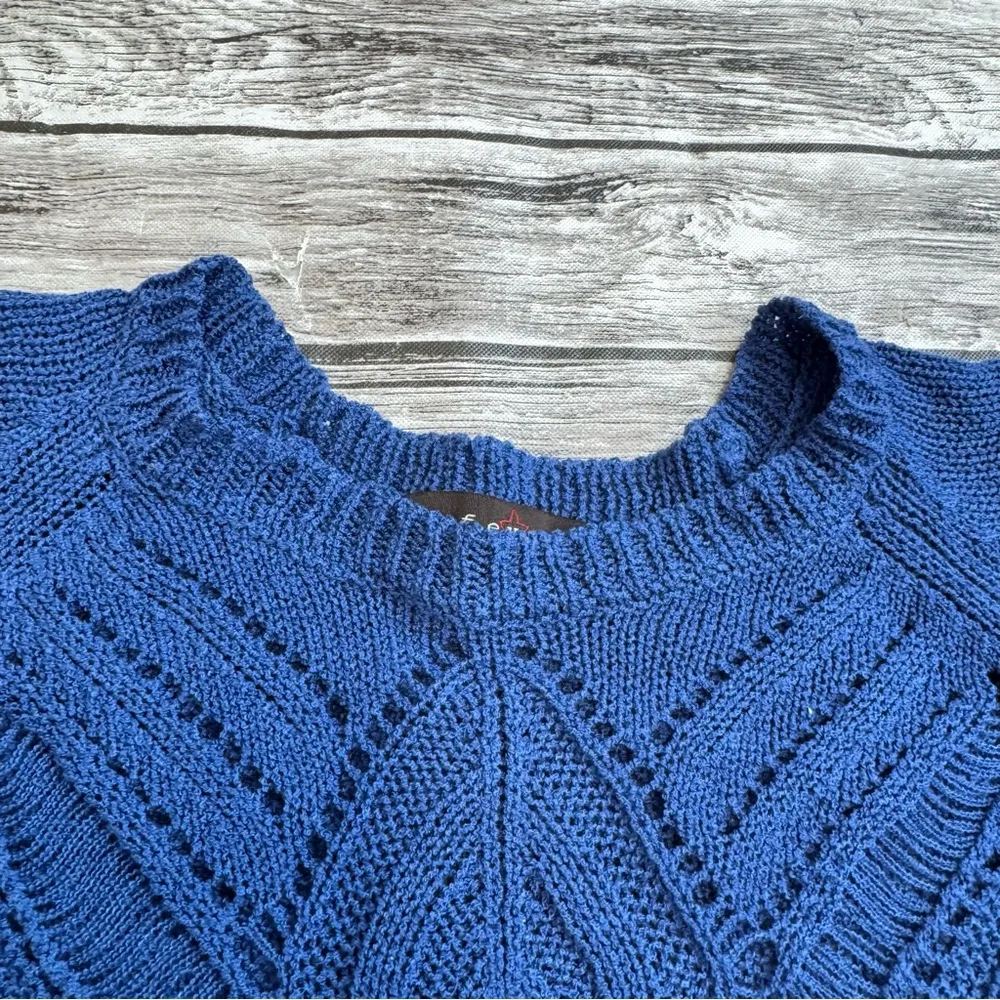 Fever Women's Open Crochet Short Sleeve Sweater Blouse Royal Blue S SM Small Rib - Image 3