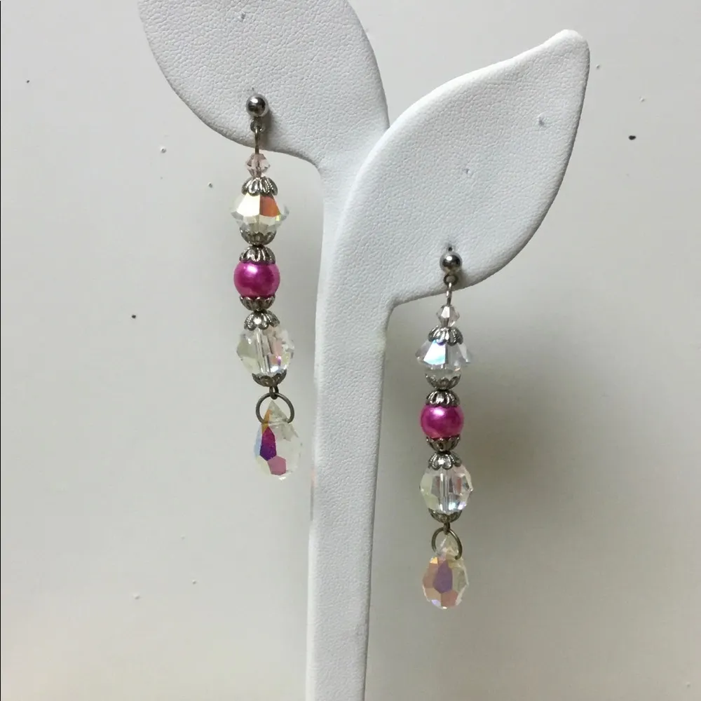 Iridescent Crystal & Pink Bead Earrings 2.5” - Image 4