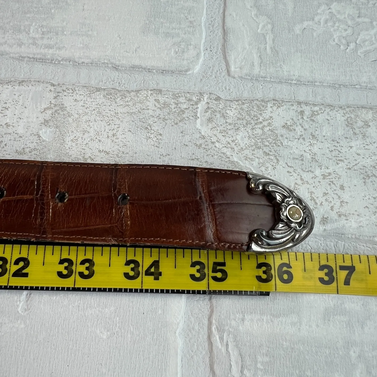 Brighton Belt Womens Medium Brown Croc Embossed Ornate Silver Buckle Pearls 1996 - Image 12