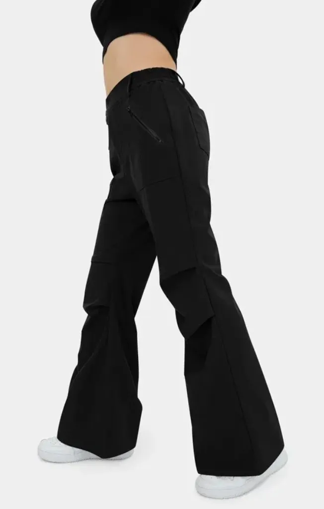 Halara High Waisted Belted Button Zipper Pocket Flare Casual Cargo Pants Black L - Image 1