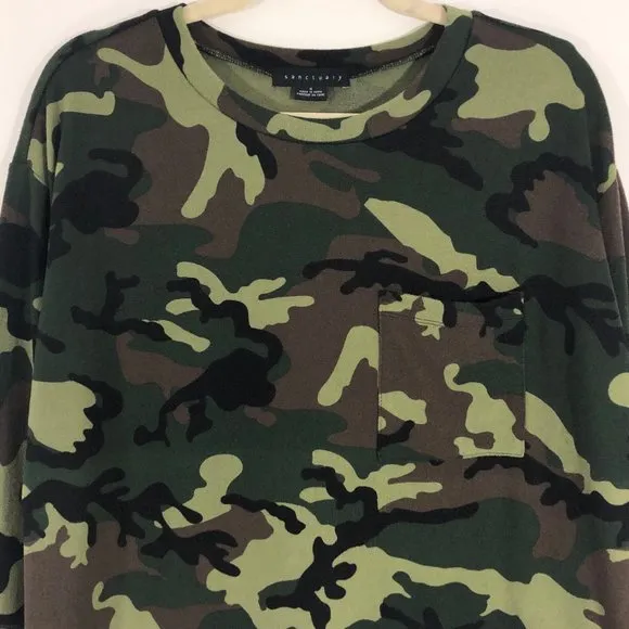 New  Camo Print Lightweight Sweater Knit Pocket Pullover Green - Image 5