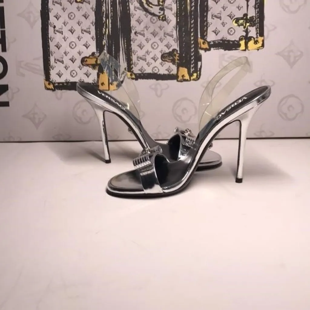 New Authentic Versace Silver Metallic High Heel Sandals – Gianni Ribbon Detail - Image 5