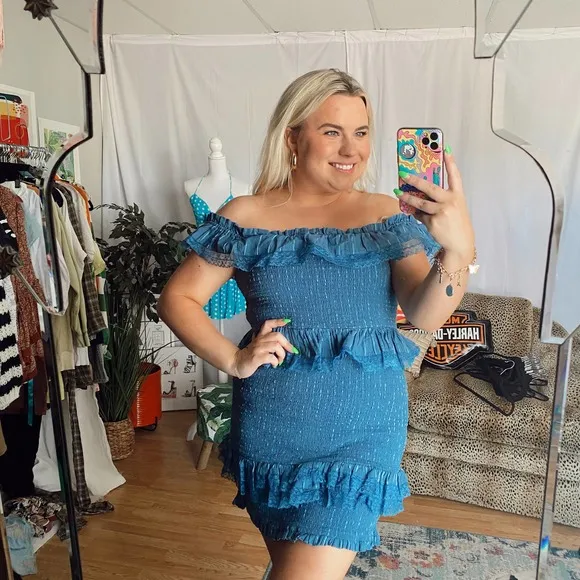 Tularosa Teri Off The Shoulder Smocked Ruffle Mini Dress Blue Size XL - Image 13