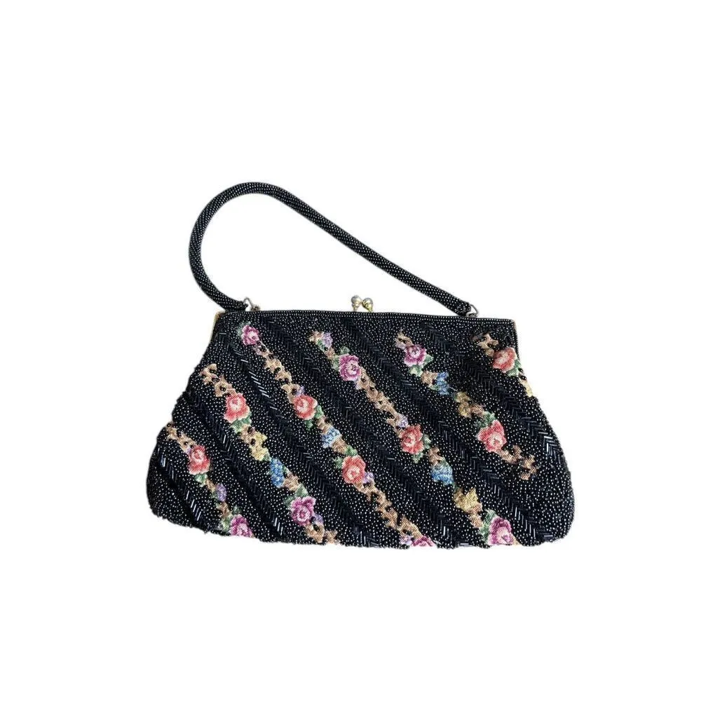 Vintage Beaded Handbag Black Beads Over Tapestry Kiss Lock Clasp Single Handle Black - Image 5