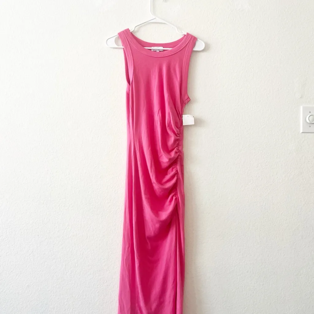 NEW Michael Stars Demi Ribbed Dress Hot Pink Small Midi‎ Ruched Stretch - Image 2