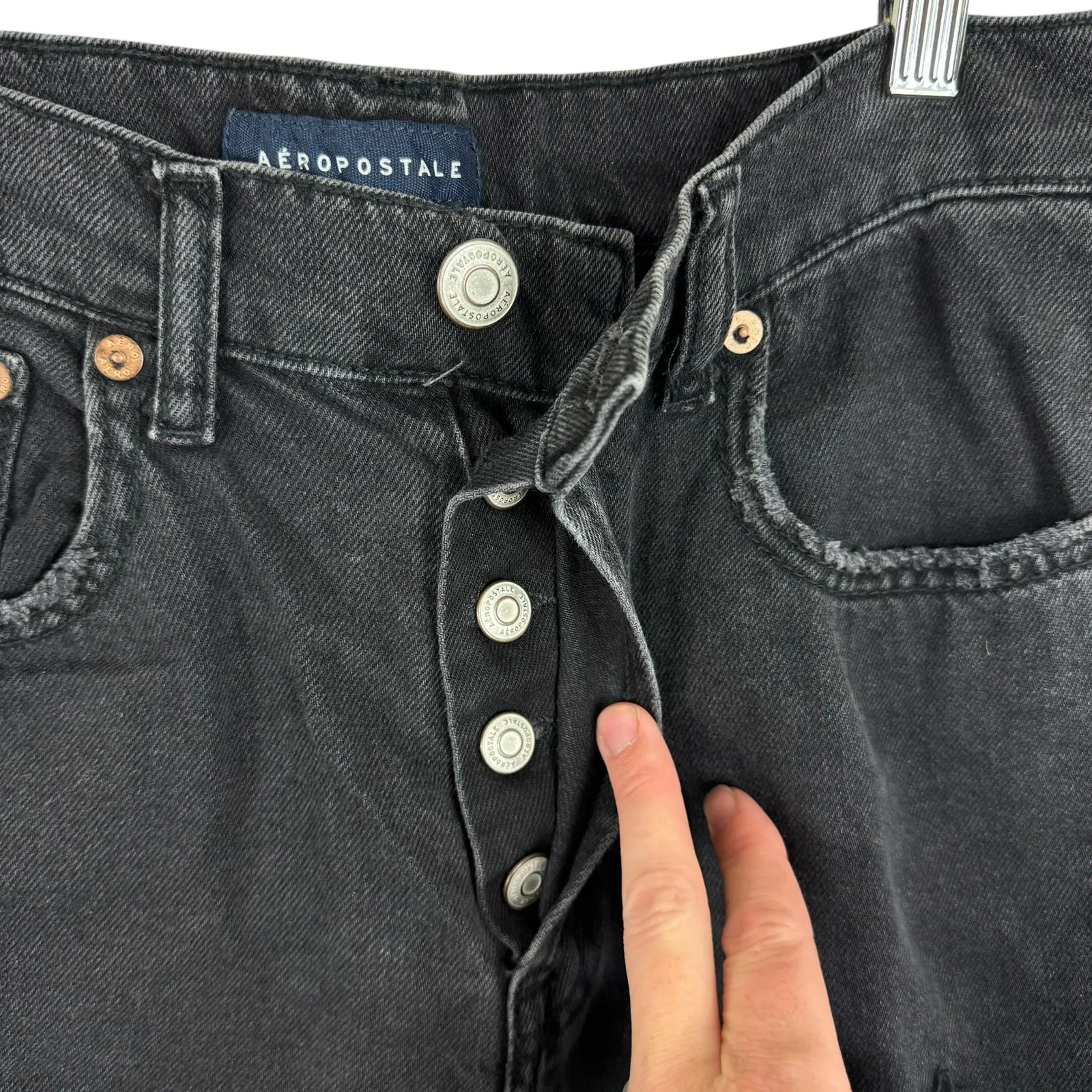 Aeropostale 90s Baggy Black 100% Cotton High Rise Distressed Button Fly‎ Jeans 4 - Image 5