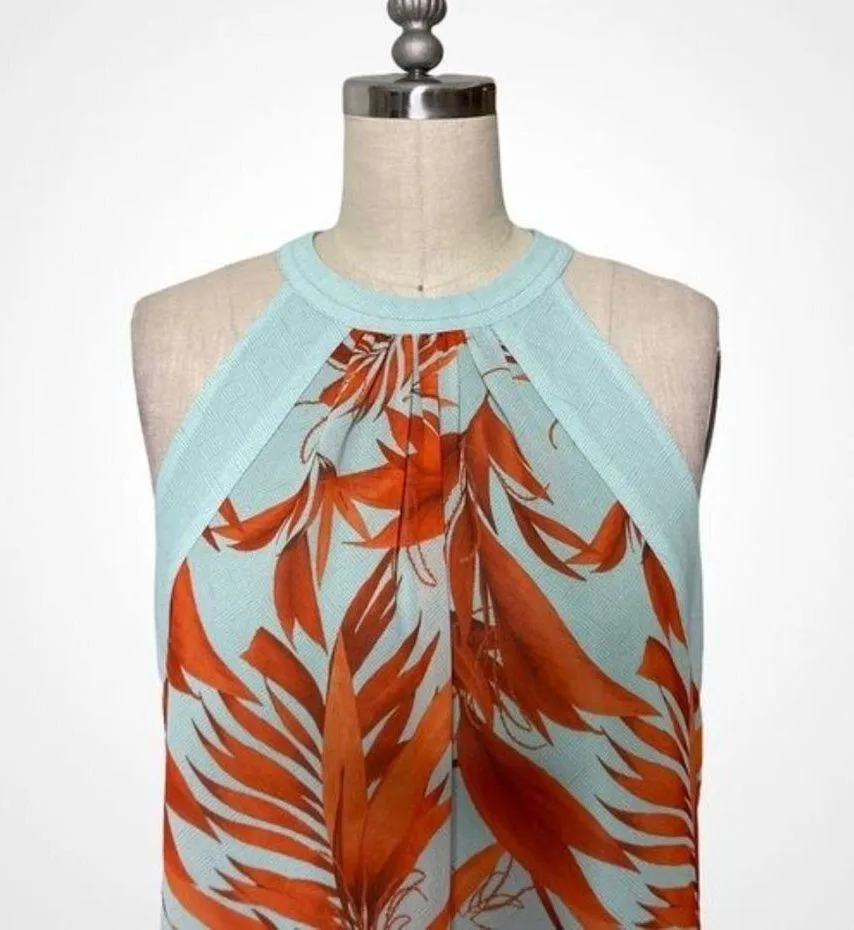 H&M Chiffon Halter Tank Top Tropical Palm Leaf Print Aqua Orange 6 Small - Image 8