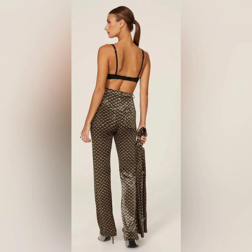 Paco Rabanne Geo Print Velvet Slouchy Trousers Gold Tan Black Blue FR 44 US10-12 - Image 6