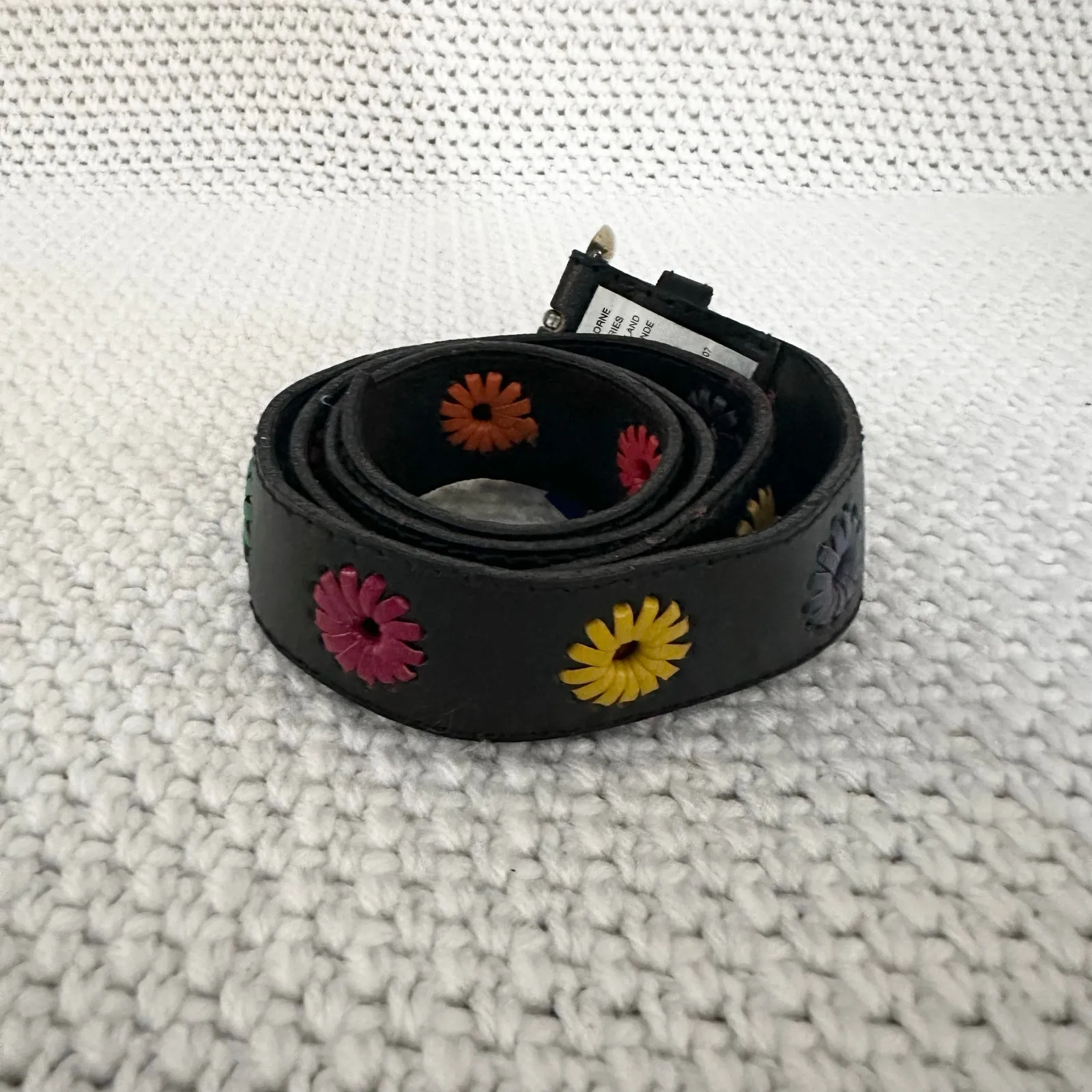 Liz Claiborne Vintage Deadstock Slim Black Leather Belt Starburst Floral New Lrg - Image 2