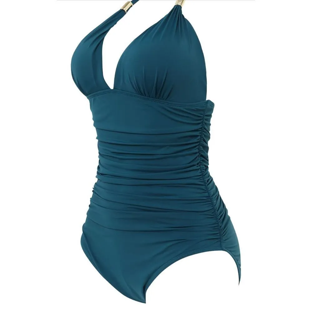 NEW V Neck 1 Pc Swimsuit Tummy Control Ruched Halter Bathing Suit XL Blue - Image 5
