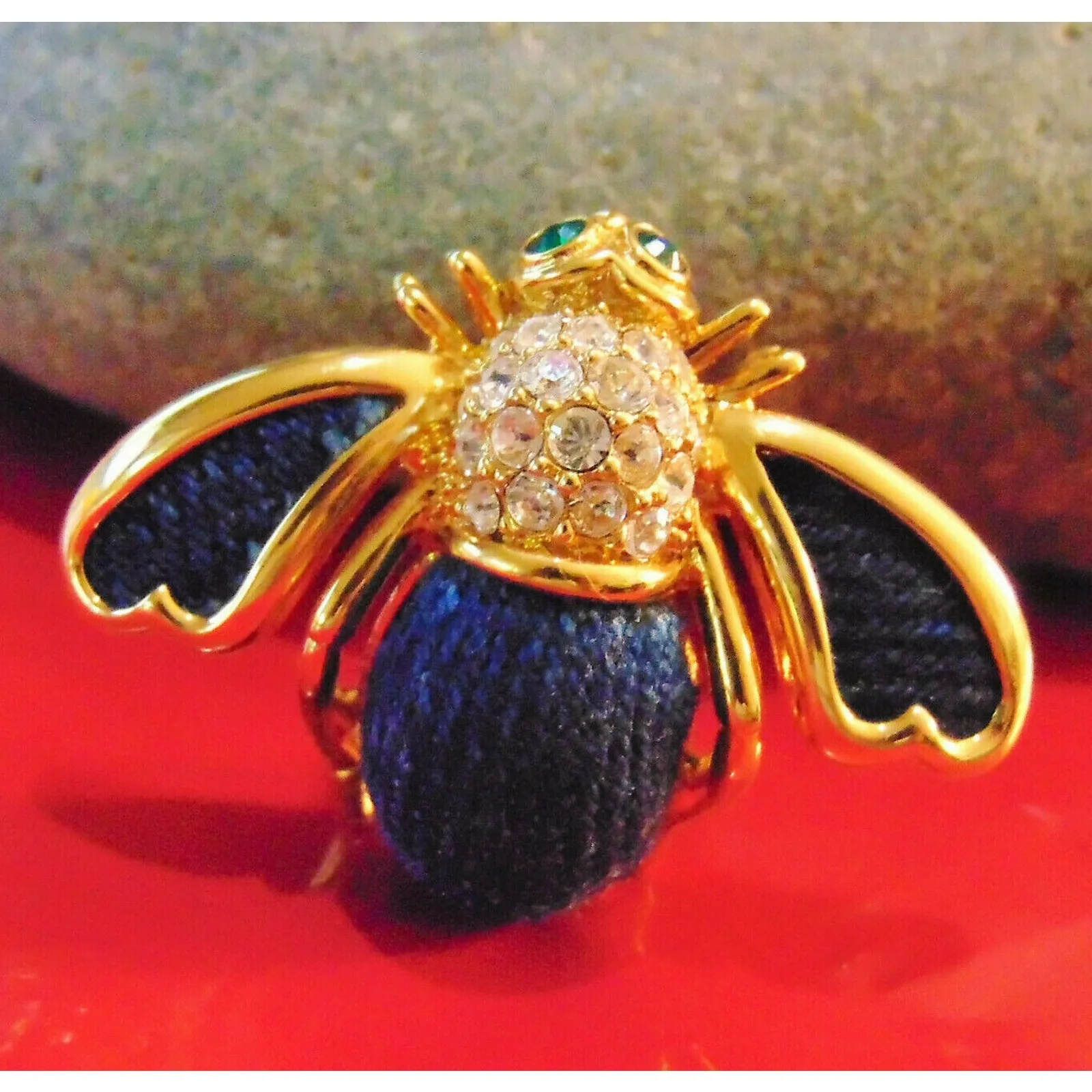 VTG Joan Rivers Blue DENIM & PAVE CRYSTAL BEE PIN Brooch Gold Plate Rhinestones! - Image 2