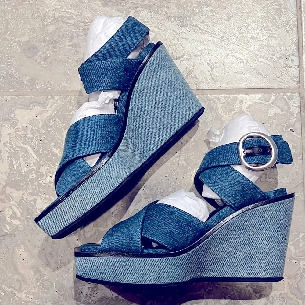 Rag & Bone Santiago Ankle Strap Platform Wedge Sandals Denim, Size 8.5/38.5 NWT - Image 7
