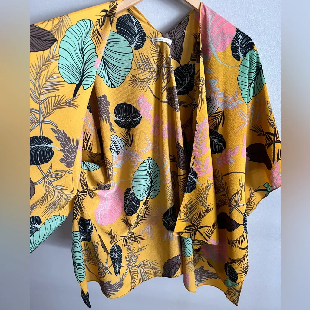 Do Everything in Love Mustard Tropical Leaf Kimono Boho Cover Up One Size - Image 8