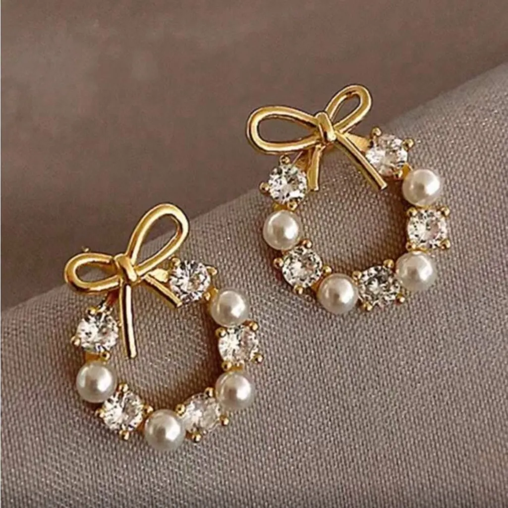 Gold and White Bow Earrings - Image 5