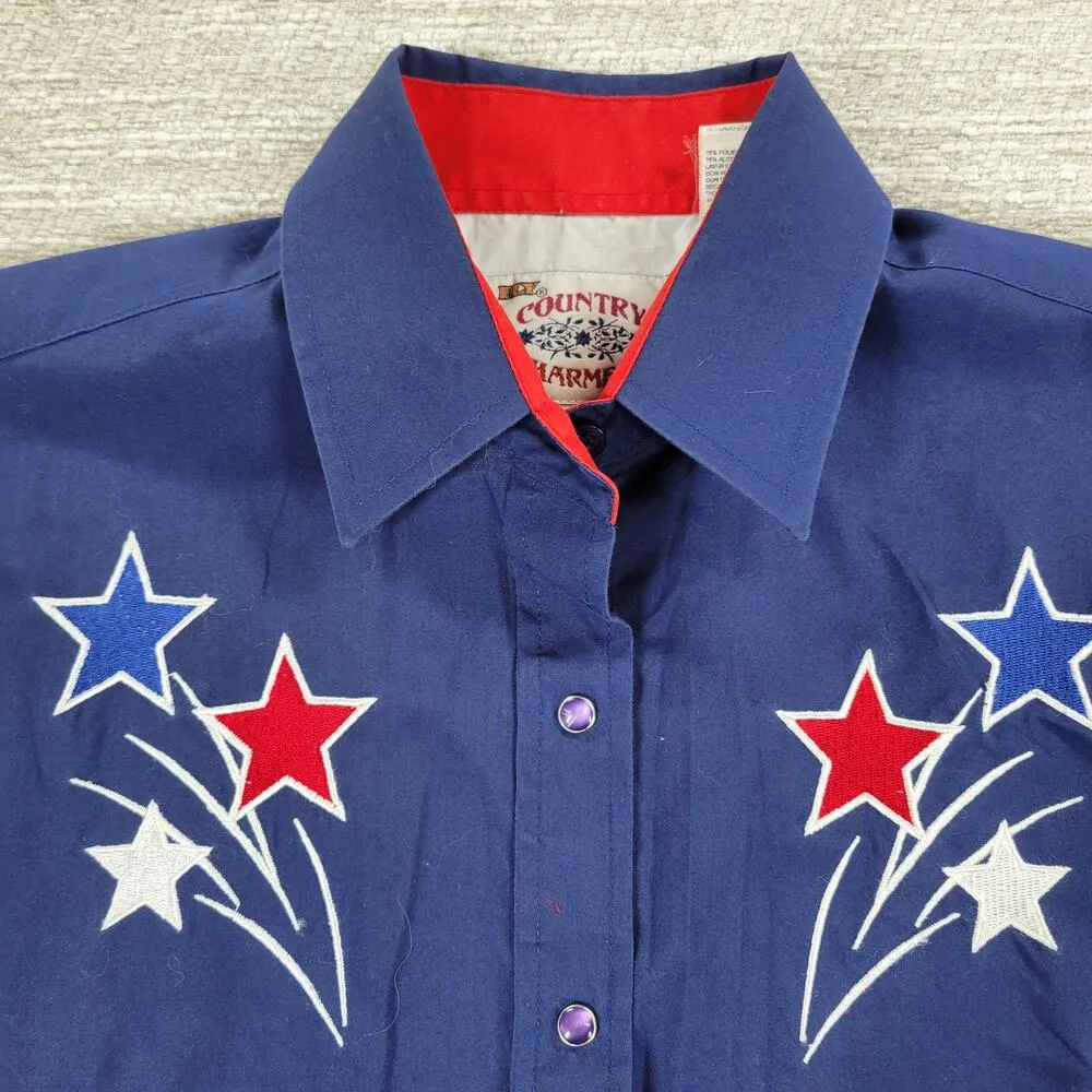 VTG Country Charmers Stars Western Shirt Womens M Pearl Snaps Patriotic Cowboy Blue Size M - Image 4