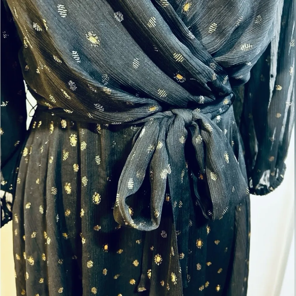 DKNY Balloon Sleeve Faux Wrap Metallic Gold Polkadot Belted Midi Dress Sz 6 - Image 9
