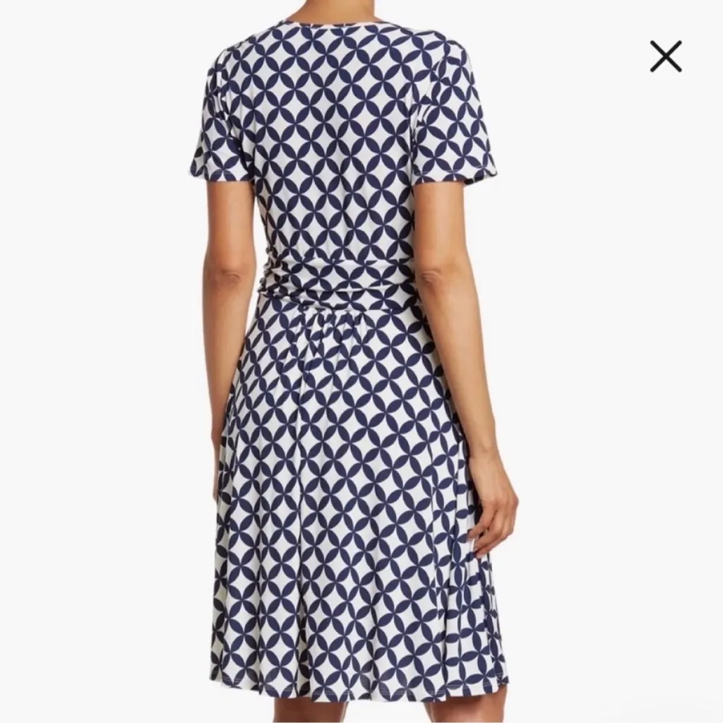 By Design Blue Retro Geo Print Mallory Short Sleeve Faux Wrap Dress Sz L - Image 3