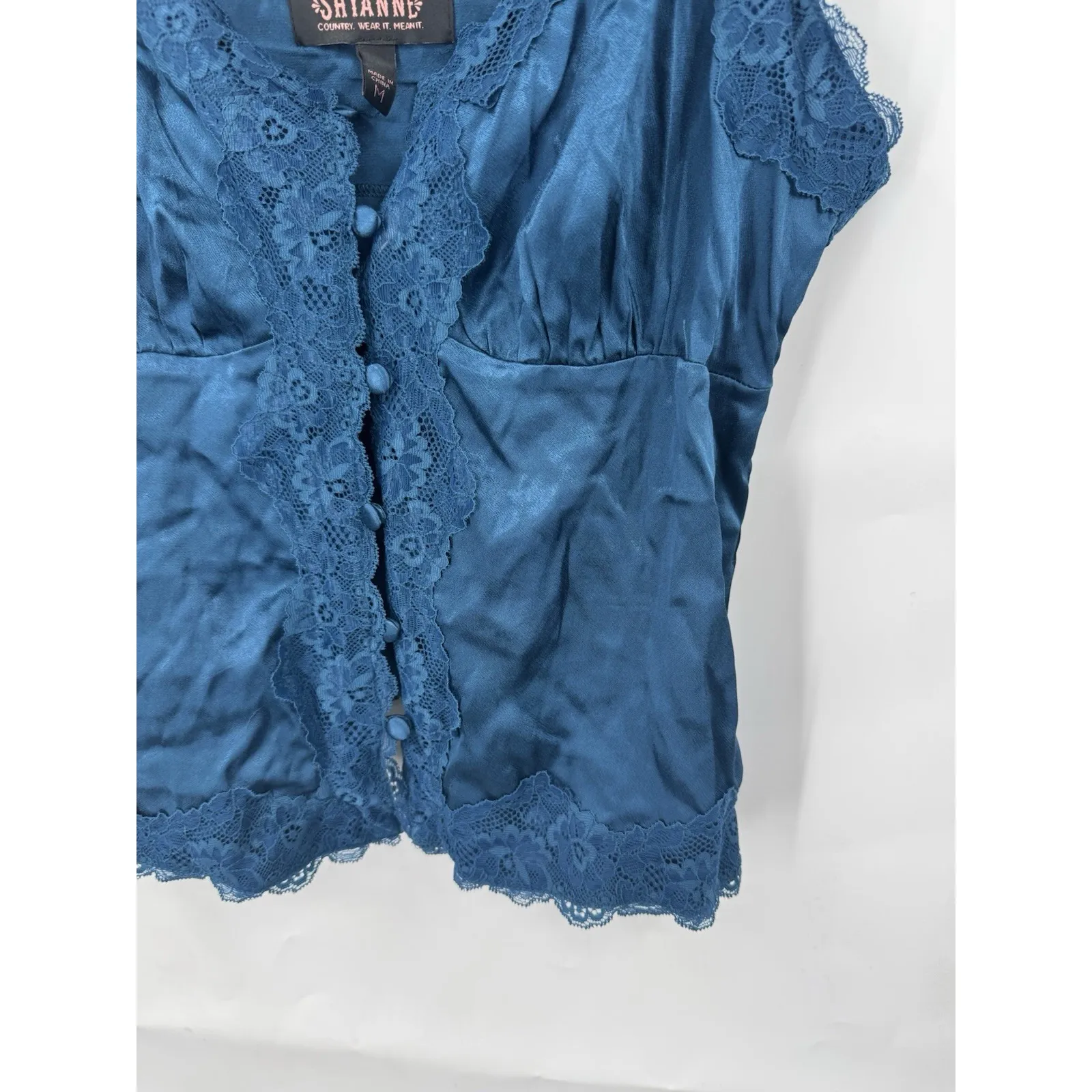 Shyanne Lace Trim Satin Babydoll Cami Top Women M Blue Y2K Inspired Festival - Image 9