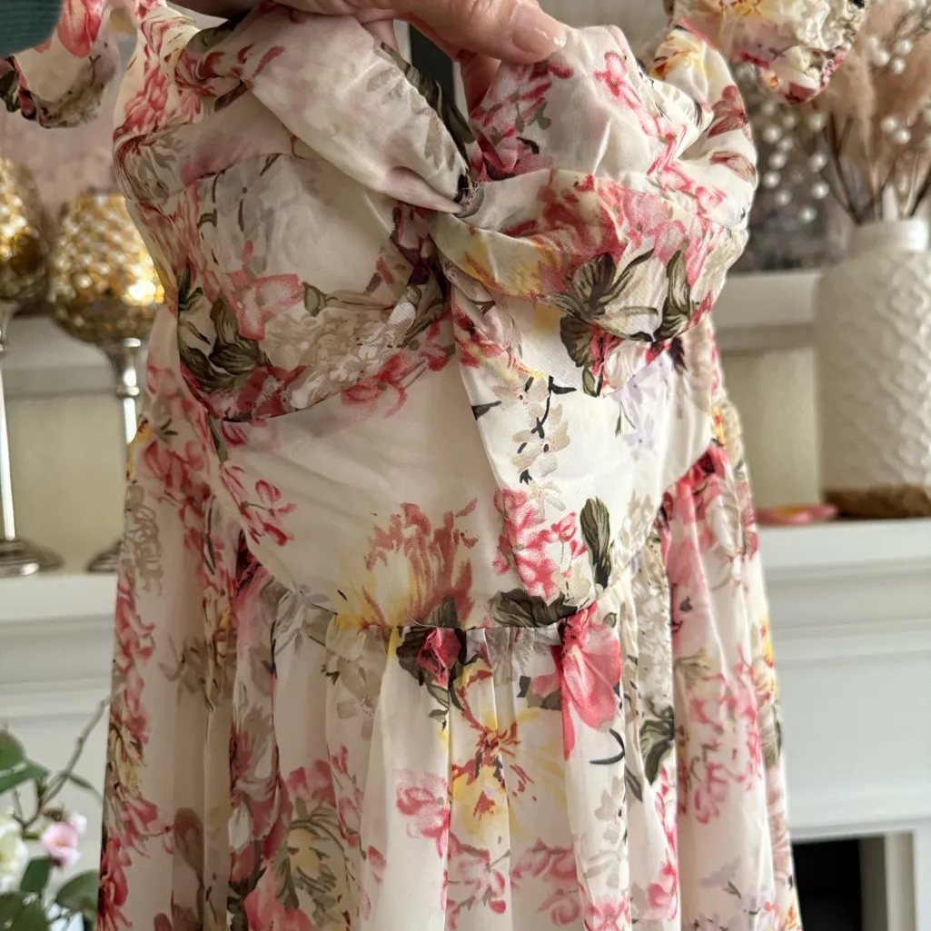 Cottagecore Puff Sleeve Babydoll Midi Dress Small Cream Pink Floral Milkmaid - Image 10