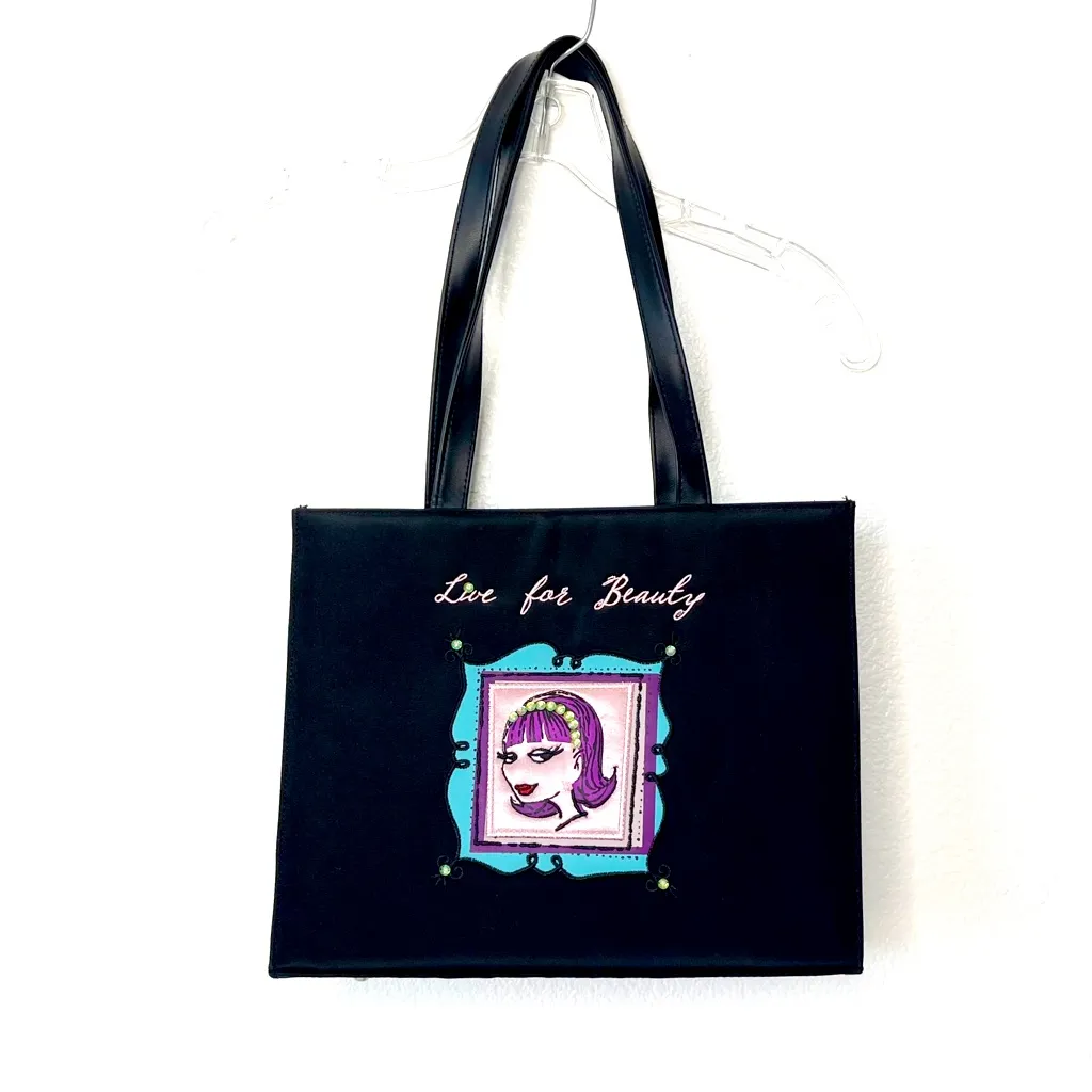 Nordstrom “Live For Beauty”Purse Bag Black Pink Satin Lining Vintage - Image 2