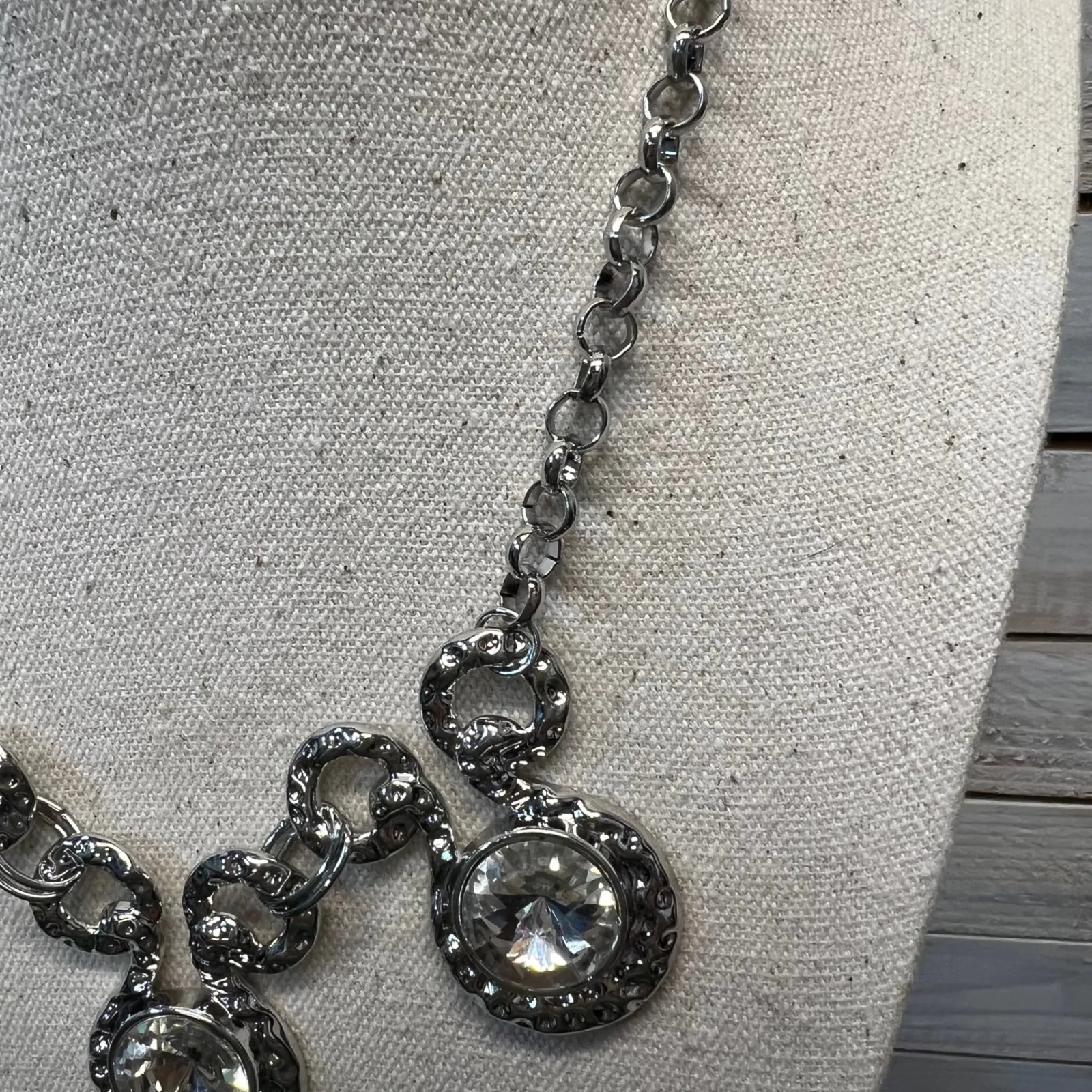 Silver Crystal Medallion Statement Necklace Chain Link Modern Glam Jewelry - Image 4