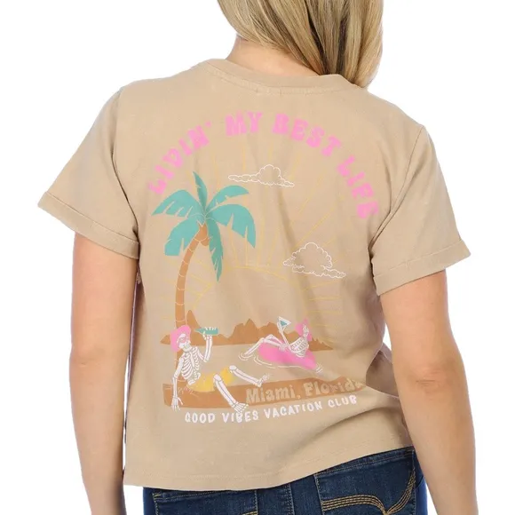Coastal Dreamer Juniors Livin' My Best Life Skeleton Tee Size M Pink - Image 2