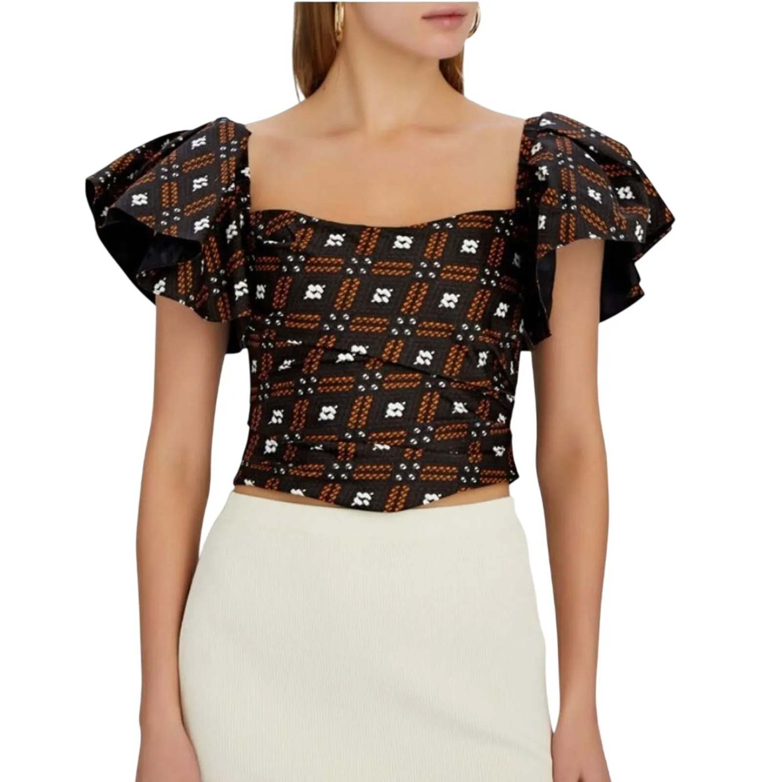 AUTUMN ADEIGBO Jules Ruffled Printed Bustier Top, Size 14, New w/ Tag MSRP $565 Black - Image 6