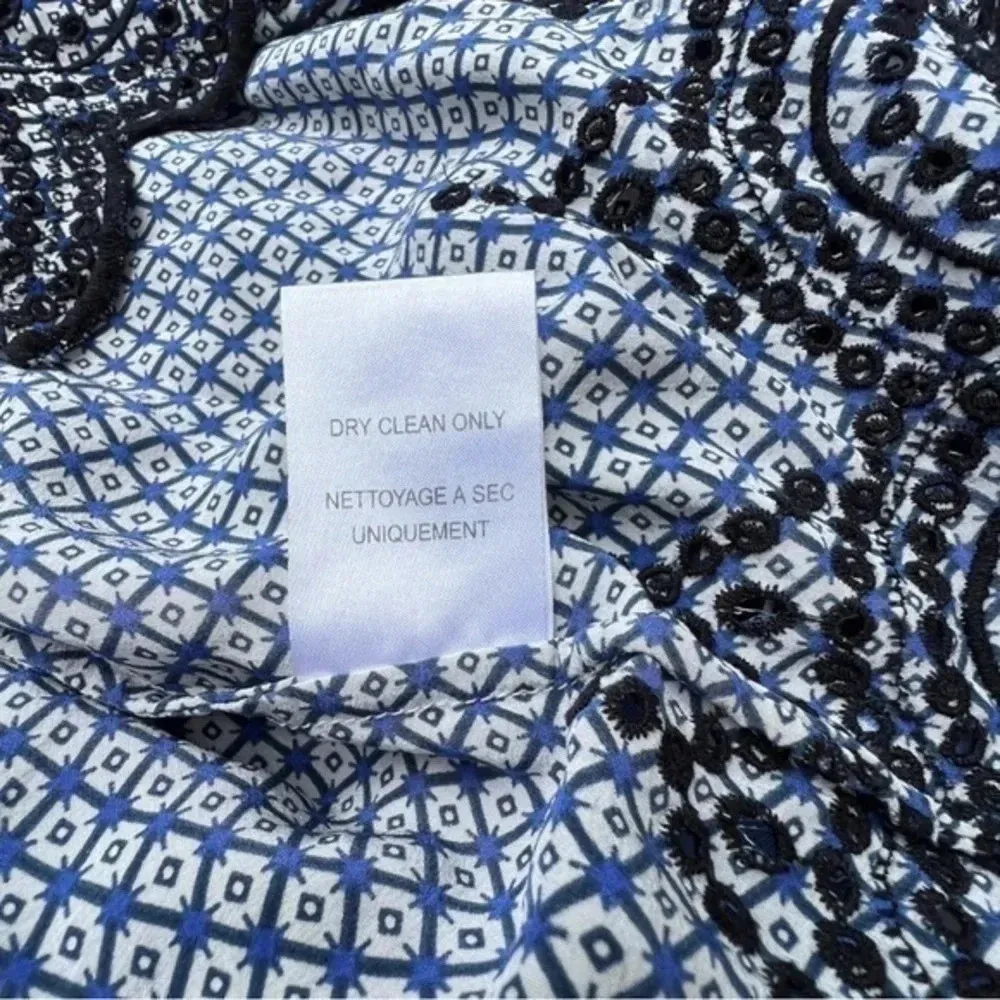 JOIE Silk Tunic Dress Women's‎ Size XS Blue Cream Geometric Long Sleeve V-Neck‌ - Image 5