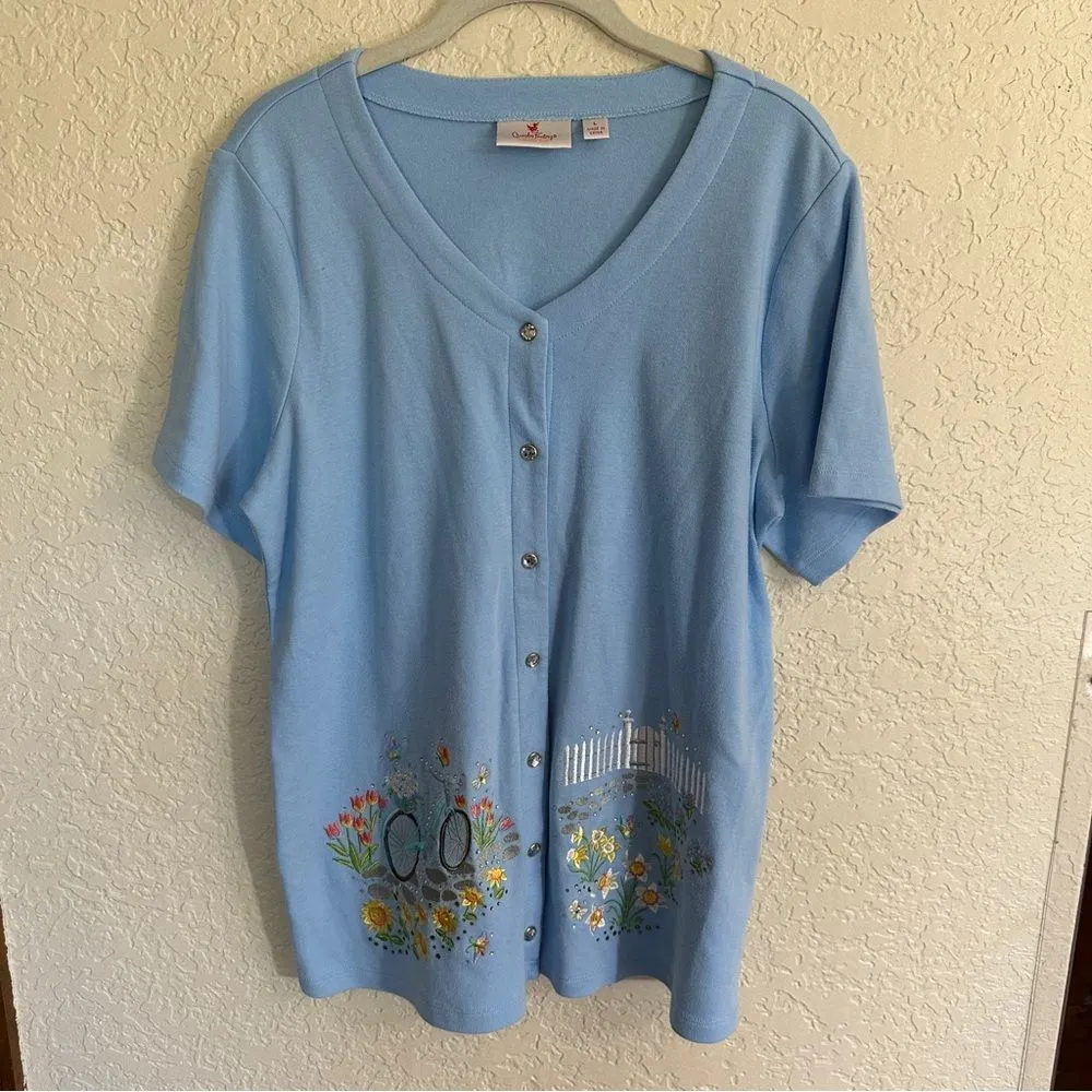 Quacker Factory Springtime Scenes V-Neck  Snap Up Cardigan Light Blue Large‎ - Image 4